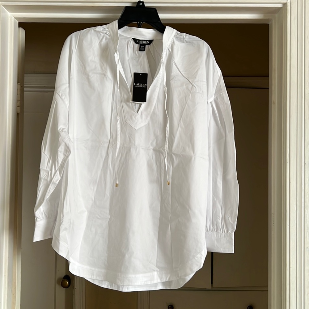 Ralph Lauren popover white shirt with ties at the neck.